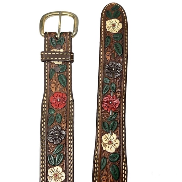 VINTAGE Belt Hand Tooled Leather “Debbie” Flowers Leaves Western Rodeo Texas main image 10